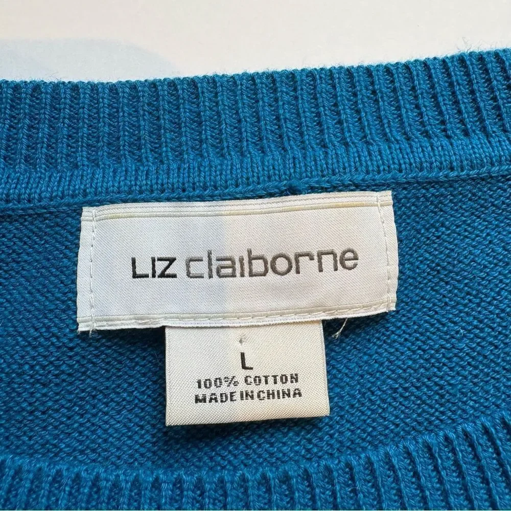 Liz Claiborne Women's Blue and Black Chevron Sweater Crew Neck Cotton Size Large